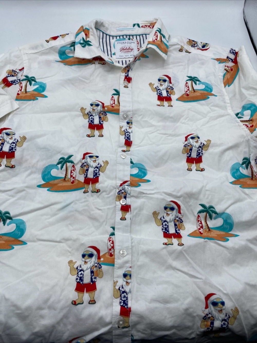Surfin Santa Hawaiian Christmas Shirt Palm TreeDenim & Flower Holiday Cheer LG